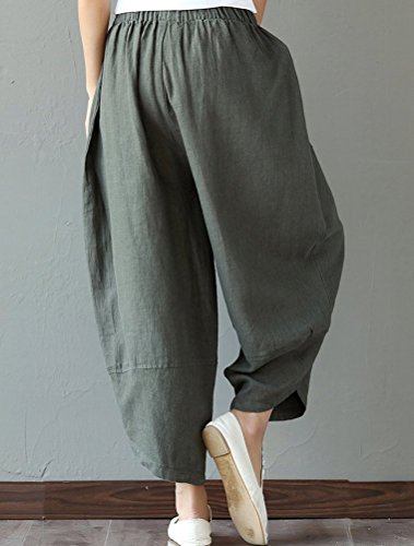 Minibee Women's Baggy Linen Wide Leg Trousers Casual Patchwark Elastic Waist Harem Pants