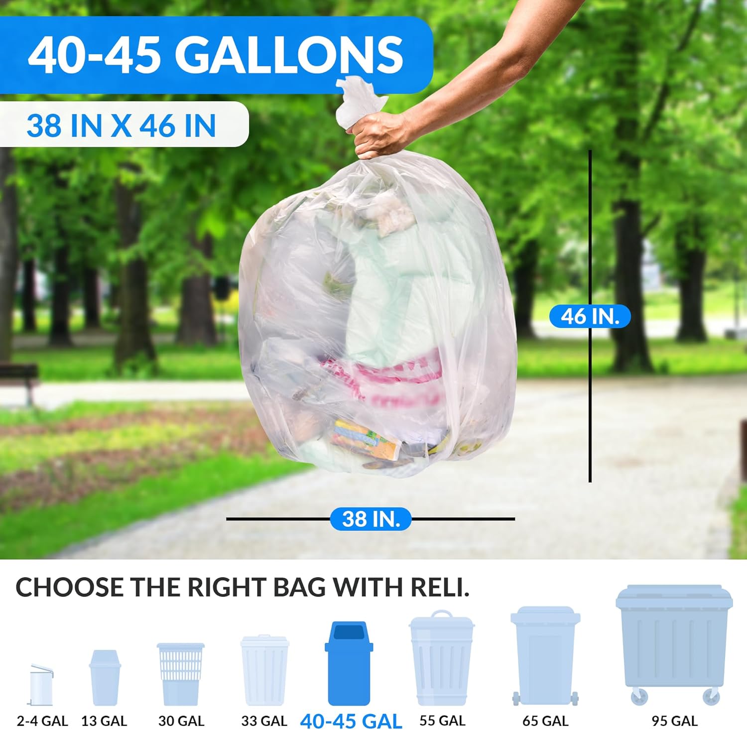 Reli. SuperValue 40-45 Gallon Trash Bags | 250 Count | Made in USA | Heavy Duty | Bulk | Clear Multi-Use Garbage Bags