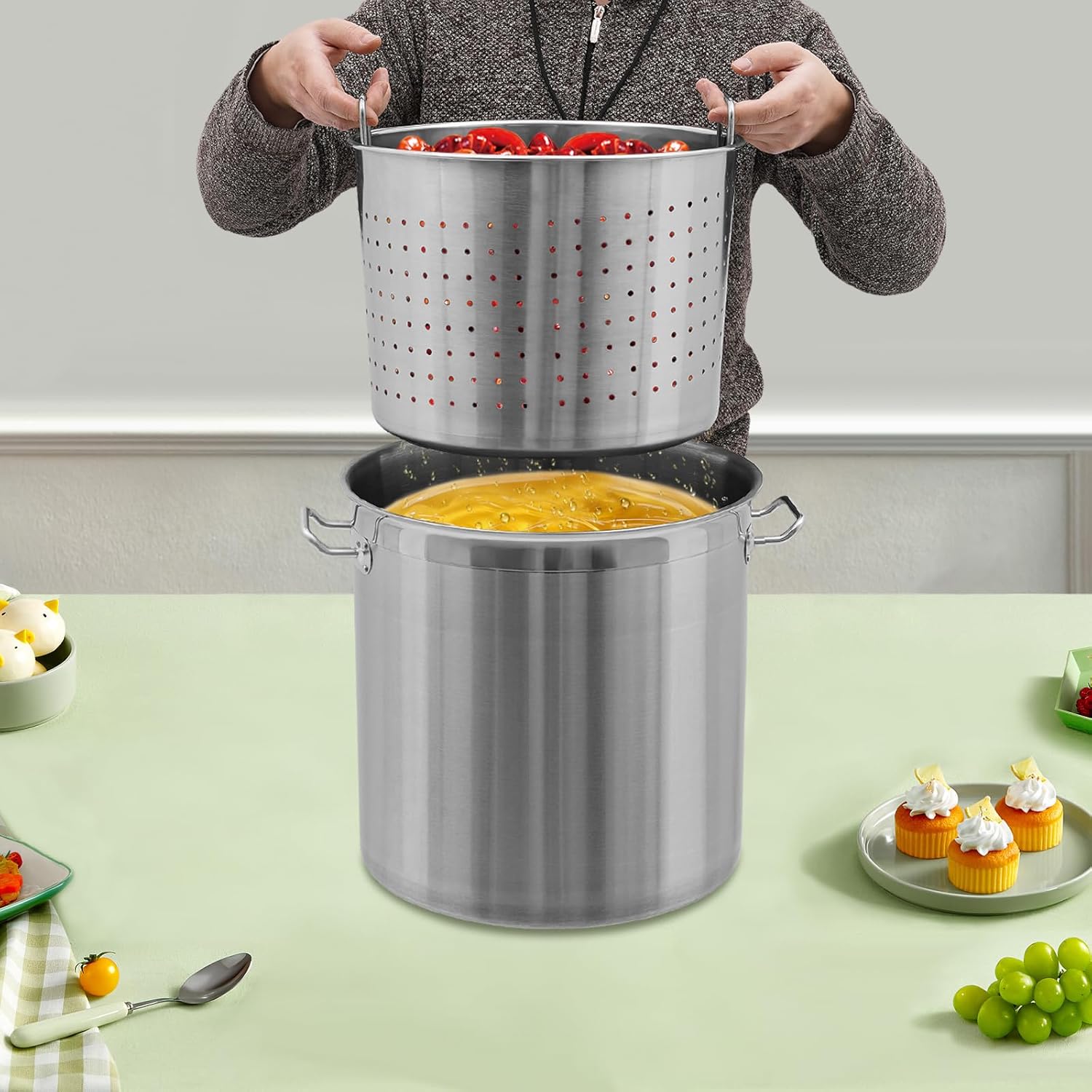 36 Quart Stainless Steel Stock Pot, Seafood Boil Pot with Handle and Lid, Crawfish, Crab, Lobster, Shrimp Boil Stock Pot with Strainer, Turkey Fryer Pot