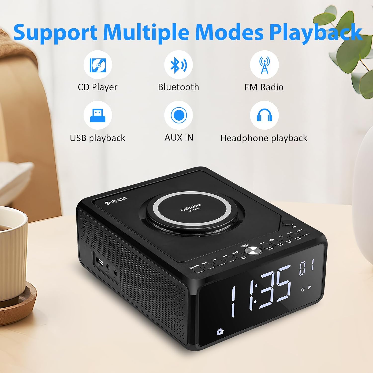 Gelielim Boombox CD Player Alarm Clock, Digital FM Radio, Bluetooth CD Player with Remote, 10W Wireless Charging, Headphone Jack,USB & AUX Ports, Dimmable LED Display, Small CD Players for Home