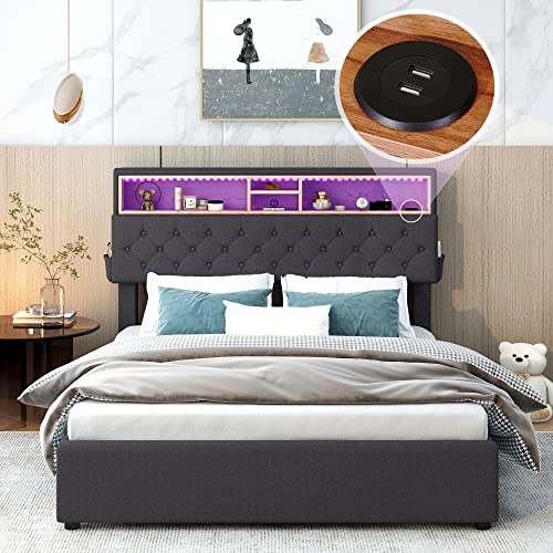 Harper & Bright Designs Full Size Lift Up Storage Bed/Velvet Upholstered Headboard/Upholstered Full Platform Bed Frame/Hydraulic Storage/No Box Spring Needed/Wood Slats Support/Beige