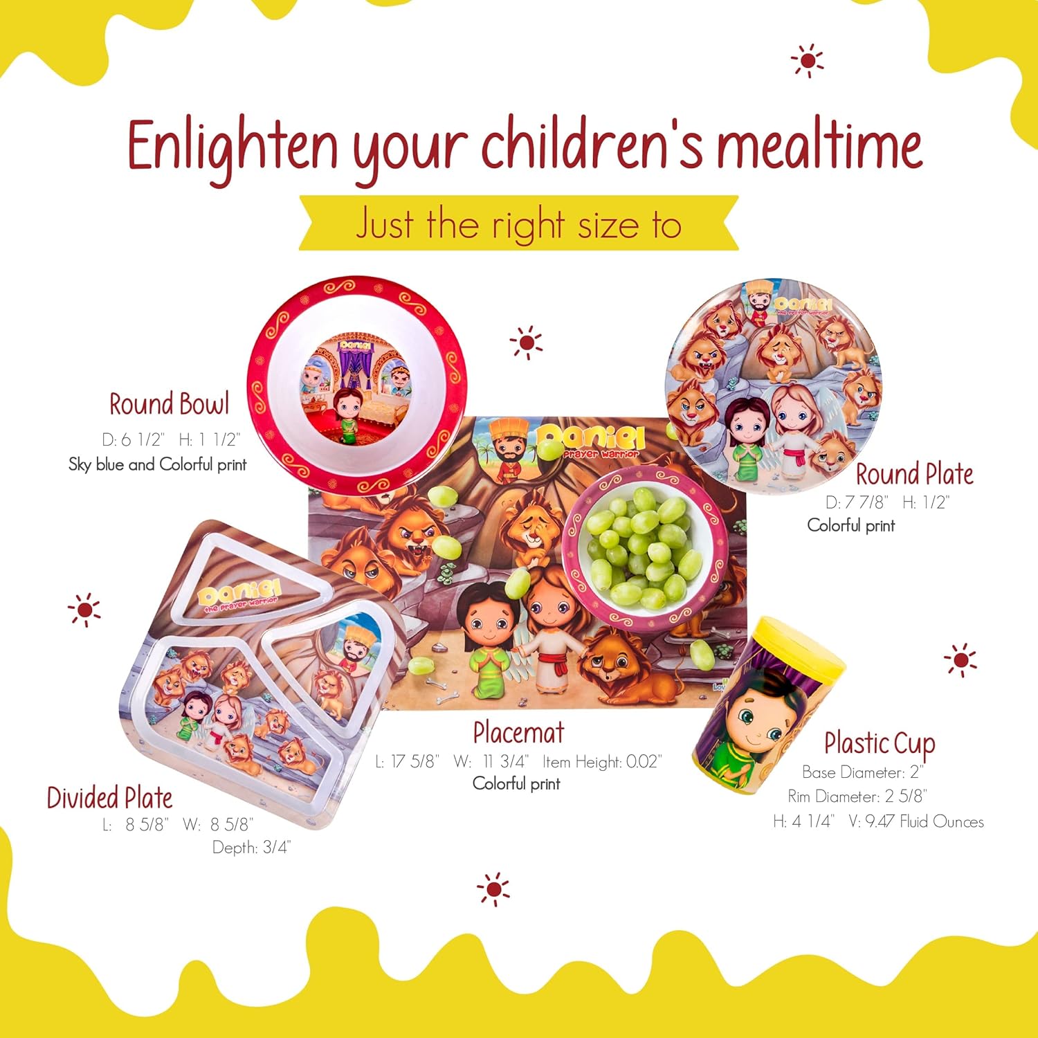 HE LOVES ME Christian Toddler plates and bowl set Daniel Includes Round Plate, Divided Plate, Bowl, Placemat and Cup- Baby and Toddler Dinnerware Feeding Essentials, 5 Pieces.