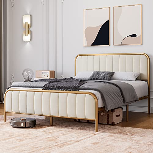 King Size Upholstered Velvet Metal Bed Frame with Tufted Headboard, Modern Platform Bed Frame No Box Spring Needed, Heavy Duty, Easy Assembly, Green Golden