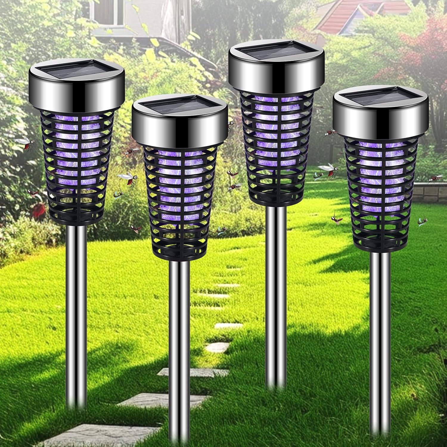 4 Pcs Solar Bug Zapper Outdoor Mosquito Zapper Mosquito Killer Lamp for Patio Yard Garden Pathway Insect Mosquito Repellent Purple and White Light