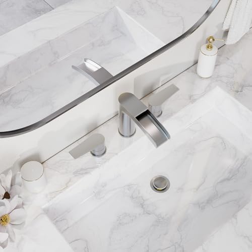 Phiestina Waterfall Brushed Nickel Bathroom Faucet, Widespread 3 Hole 8 Inch Vanity Sink Faucet, with Pop Up Drain and Water Supply Line, NS-WF005-BN