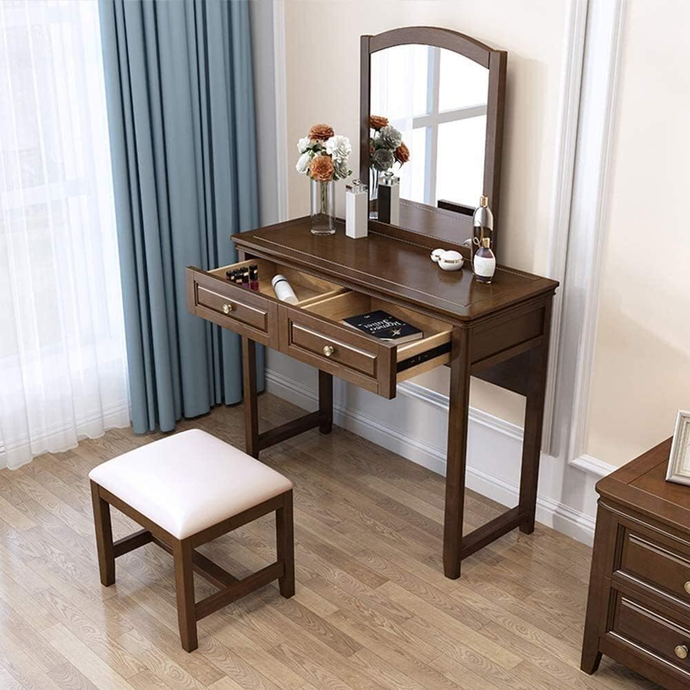 Luxury Dressing Vanity Table w/Stool for Bedroom, Antique Vanity Table Set with Mirror, 2 Drawers, Solid Wood Legs, Cushioned Stool, Dressing Table for Women