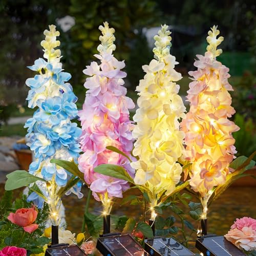 Solar Garden Lights, Solar Delphinium Flower Lights, IP65 Waterproof Solar Lights for Outside Garden,Solar Flowers Outdoor for Yard, Patio, Garden Decor 120 LED(4 Packs)