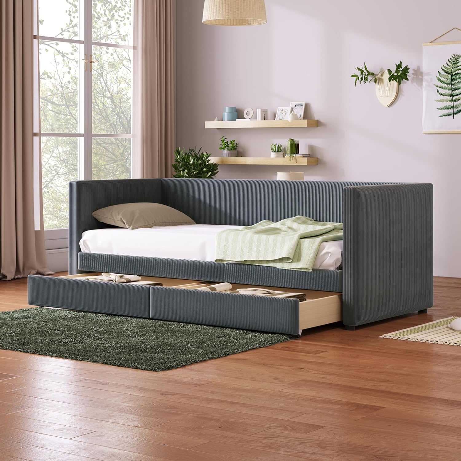 Twin Size Corduroy Pholstered Daybed with Two Drawers,Storage Sofa Bed Frame,W/Wood Slat Support,No Box Spring Needed,for Living Room Bedroom Apartment,Gray