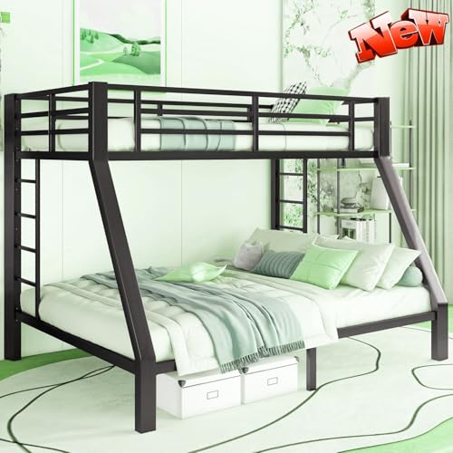Stronger & Safer Metal Bunk Bed Full XL Over Queen Size Bunkbed, More Stable Heavy Duty Thickened Steel Bunk Queen Bed with Reinforced Legs & Ladders (Easier to Assemble) (Full XL over Queen)