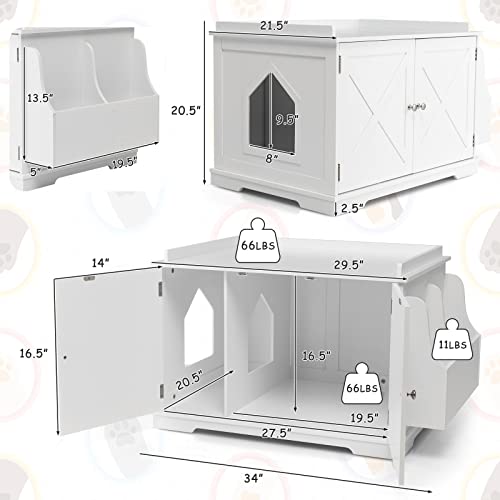 Tangkula Cat Litter Box Enclosure, Wooden Cat House Side Table w/Removable Divider, Reversible Entrance, Magazine Rack, Large Nightstand Pet House, Hidden Cat Washroom, Litter Box Furniture (White)