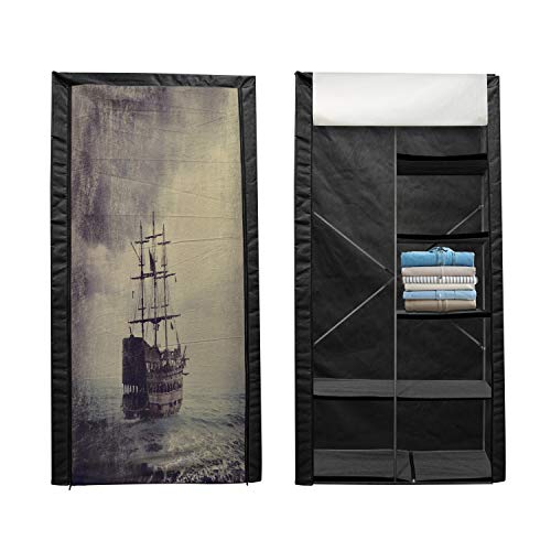 Ambesonne Nautical Portable Fabric Wardrobe, Old Pirate Ship in The Sea Historical Cruise Retro Voyage Grunge Style Art, Clothing Organizer and Storage Closet with Shelves, 42.5
