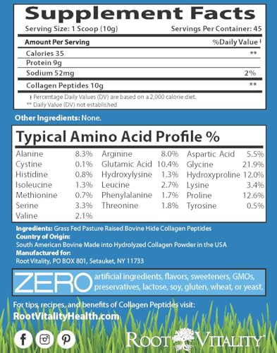 Root Vitality Collagen Peptides Powder - Grass-Fed, Pasture-Raised Hydrolyzed Protein Supplement for Skin, Hair, & Nails - Non-GMO, Zero Sugar Daily Supplement for Men & Women (45 Servings)