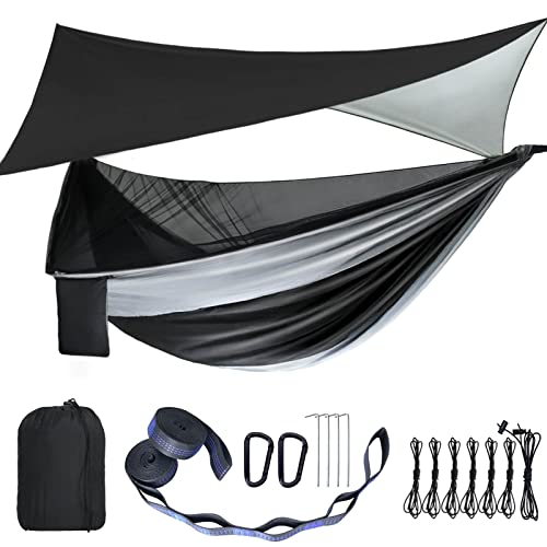 Camping Hammock - Hammocks with Mosquito Net Tent and Rain Fly Tarp, Portable Single & Double Nylon Parachute Hammock with Heavy Duty Tree Strap, Indoor Outdoor Backpacking Survival Travel