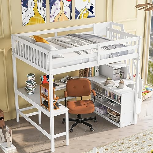 Unique Wooden Full Size Loft Bed with Built-in L-Shaped Desk,Three-Tier Storage Shelves and Attached Storage Staircase,for Kids Boys Girls Teens Adults Bedroom (White@L-Shaped Desk, Full)