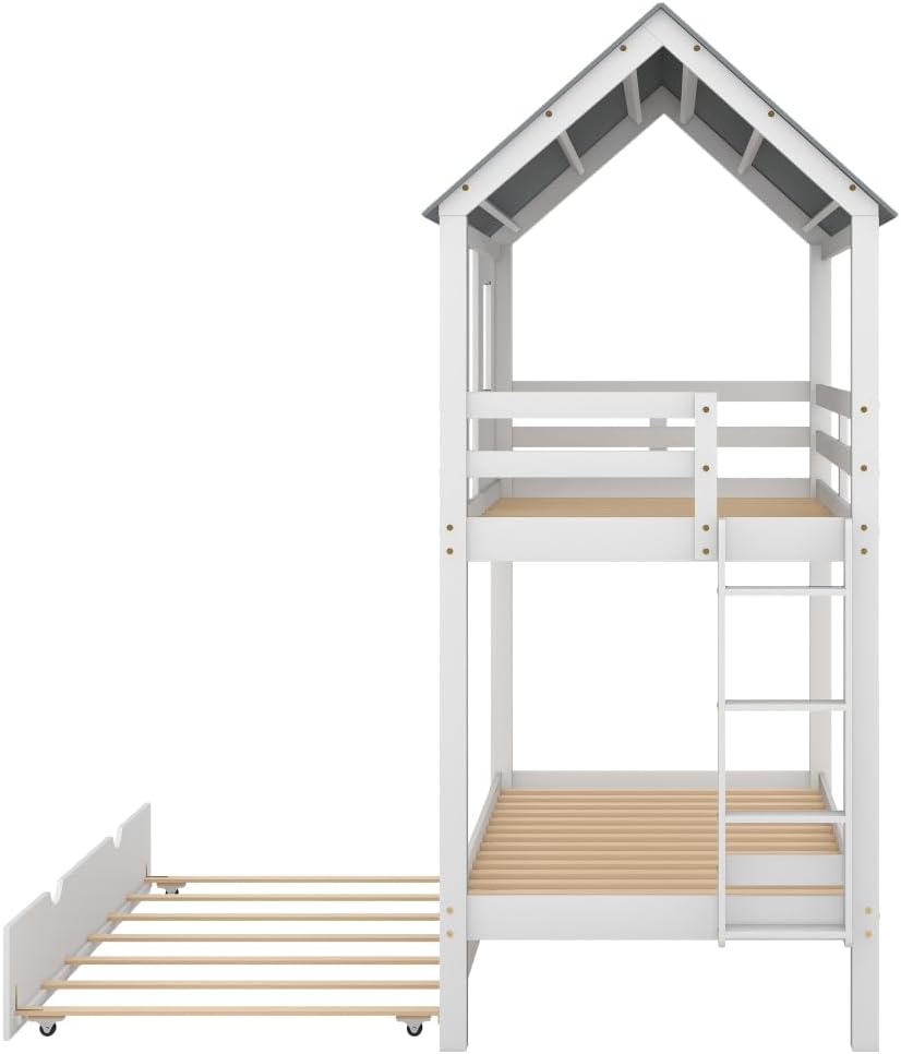 House Bunk Bed with Trundle,Roof and Windows,White 3-Numbers of Package Pine Wood +MDF Twin/Twin 79.6