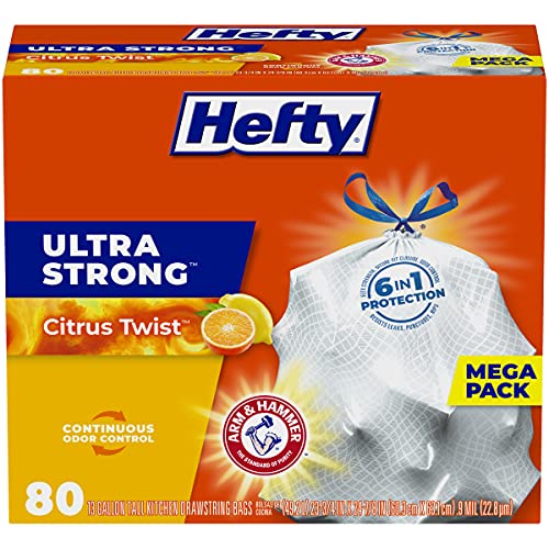 Hefty Ultra Strong 13 Gallon Trash Bags, Black Tall Kitchen Trash Bags 13 Gallon Size, Break Resistant Drawstring Enclosure, Continuous Odor Control, Blackout, Clean Burst Scent, 80 Bags