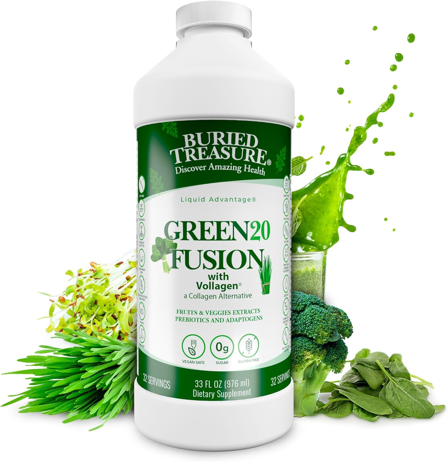 Buried Treasure Green20 Fusion - 32 Servings, Liquid Greens Drink, 16 Superfoods Spirulina, Spinach, Moringa, Green Tea, Kale, Ginseng, Vegan Collagen, Supports Energy, Immunity & Digestive Health