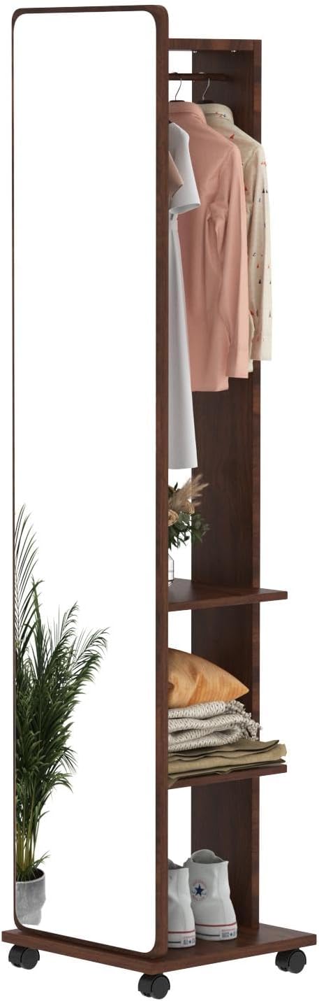 Full-Length Mirror with Wheels, 360° Rotating Wood Full Length Mirror with Coat Rack, 2-in-1 Floor Mirrors and Coat Rack, Living Room Bedroom Cloakroom Mirror.