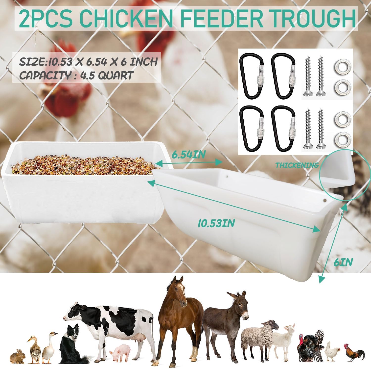 2 Pack Feeder Feed Trough and Waterer Bucket with Clips Chicken Hanging Poultry Feed Trough for Goat Sheep Deer Poultry Duck Chicken
