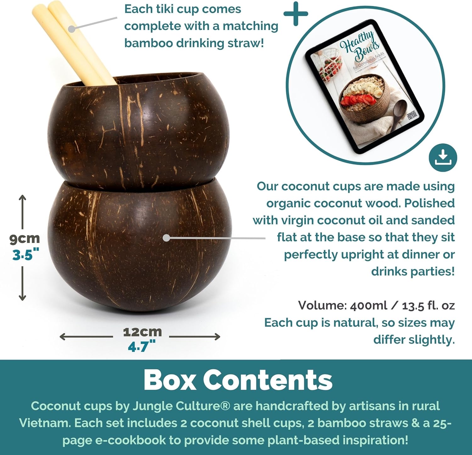 Jungle Culture® Real Coconut Shell Cups for Malibu Cocktails & Smoothies • Small Coconut Bowls & Bamboo Straws • Natural Wooden Cup • Drinking Mugs/Tumblers for Party • Zero Waste Sustainable Gifts