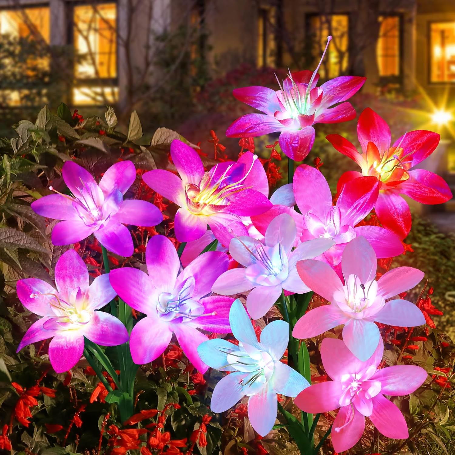 Aukora Solar Garden Lights Outdoor 5 Pack, 5 Colors Lily Flowers & 7-Color Changing Solar Lights for Outside, Solar Outdoor Lights Waterproof for Garden Patio Yard Decor (Red Yellow Blue White Purple)