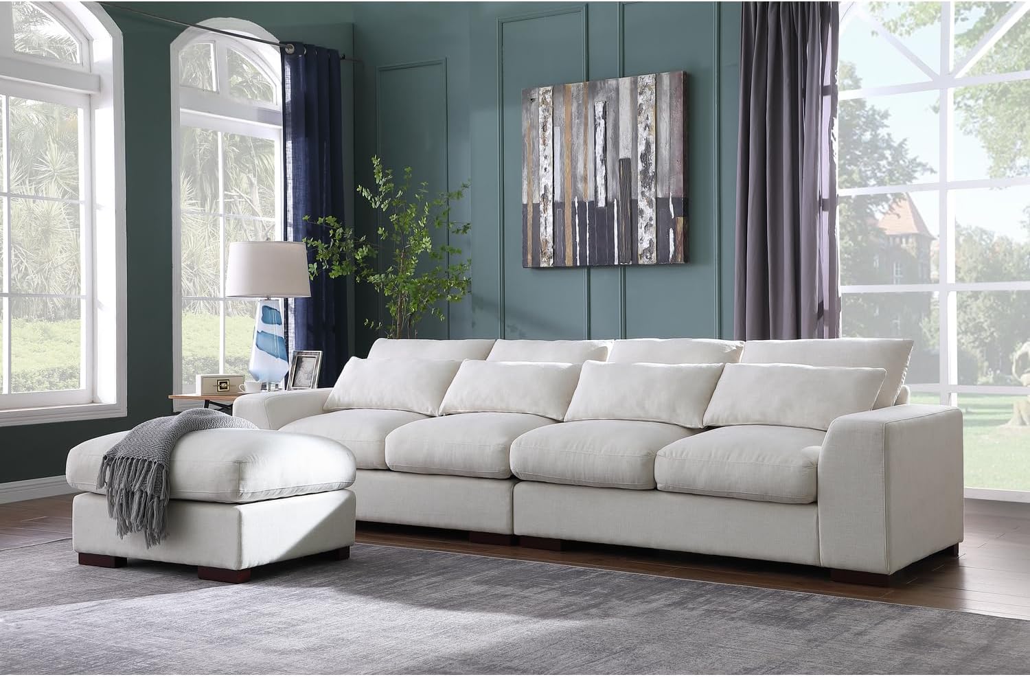 Devion Furniture 123.24'' Fabric Square Arm Modular Reversible Sectional Sofa & Ottoman-Beige