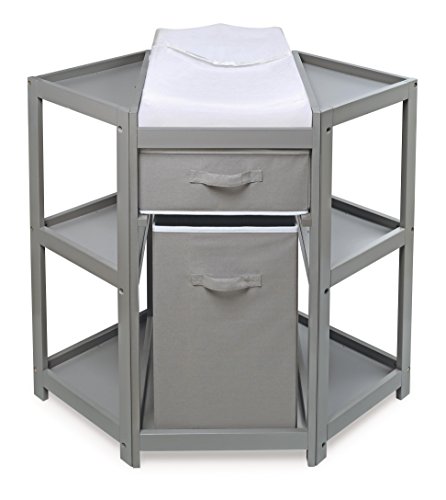 Badger Basket Corner Diaper Changing Table with Laundry Hamper, Storage Bin, and Contoured Pad for Baby - Gray