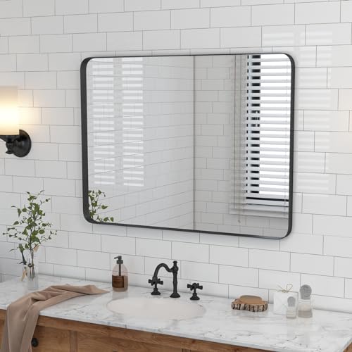 Gold Bathroom Mirror for Wall, 24 x 36 Inch Metal Framed Rounded Rectangle Vanity Mirror Modern Farmhouse, 1/4-inch Shatterproof Glass | Ultra-Flush Hanging