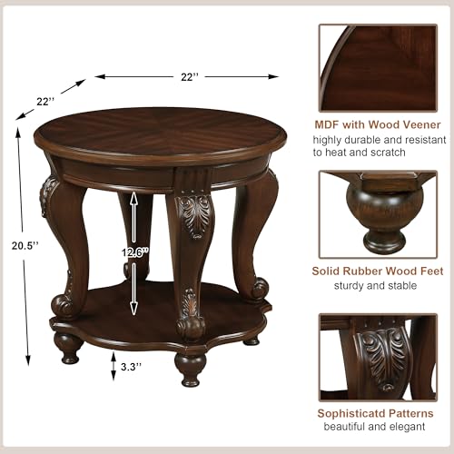 Amposei Traditional Vintage Round End Side Table 22-Inch Wood Bedside Table Chair Sofa Side Table Night Stand for Living Room Bedroom, Easy Assembly, Light Espresso