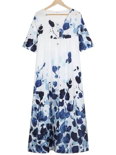 Boho Dress with Pockets for Women Geometric Floor Length Floral Dress Short Sleeve Shirt Dress Button Maxi Sundress