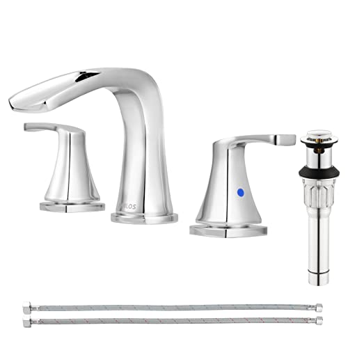 PARLOS Waterfall Widespread Bathroom Faucet Two Handles with Metal Pop Up Drain & cUPC Faucet Supply Lines, Doris (Brushed Nickel)