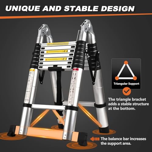 15.5 Ft Telescoping Ladder, SocTone Aluminum with Non-Slip Feet, 330lbs Max Capacity, Collapsible Ladder with Hooks for RV or Outdoor Work