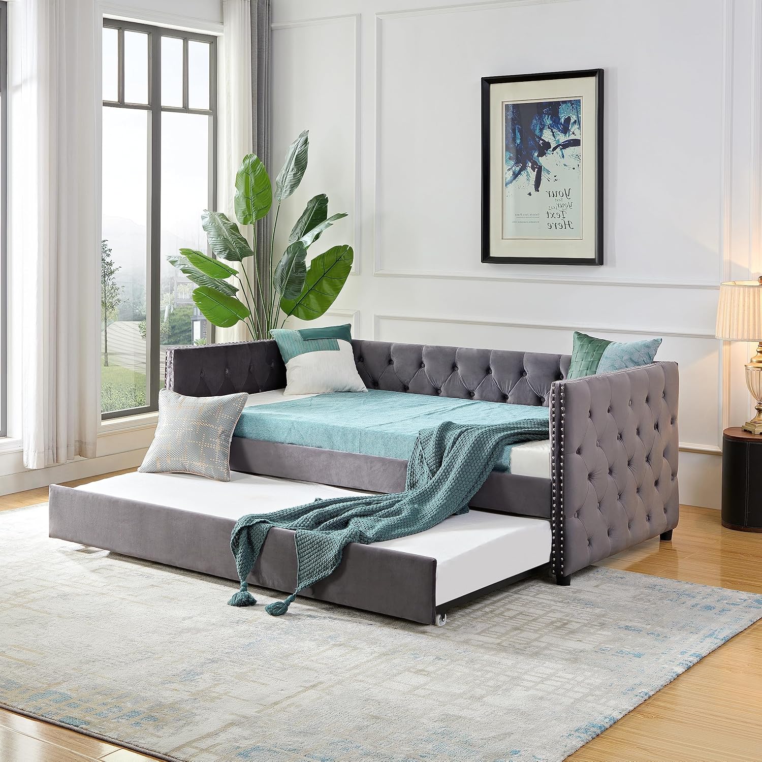 Twin Size Velvet Upholstered Daybed Frame with Trundle, Day Sofa Bed with Button and Copper Nail on Square Arms, Ideal Furniture for Bedroom Living Guest Room, Gray