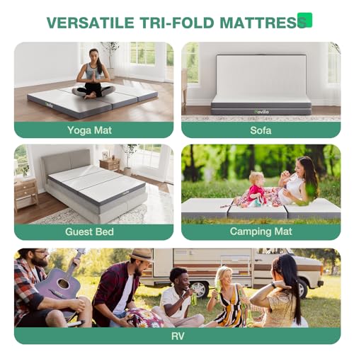 Novilla Folding Mattress Full Size, 4 Inch Responsive Comfort Foam Foldable Mattress Full with Breathable & Washable Cover, Pain Relief & Support, Portable Trifold Mattress Topper for Floor, Camping