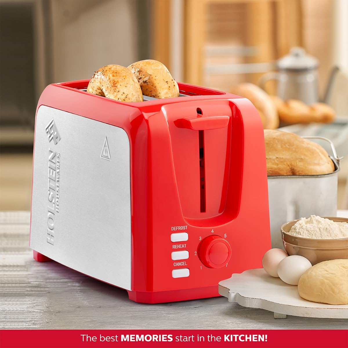 Holstein Housewares - 2-Slice Toaster with 7 Browning Control Settings, Red/Stainless Steel - Great to Toast Bread, Bagels and Waffles