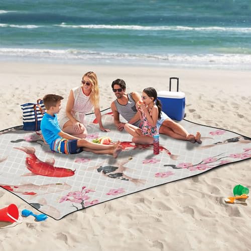 Koi Fish Extra Large Picnic Outdoor Blanket, Foldable Beach Blanket Waterproof Sandproof Camping Mat for Family Travel Park Wet Grass Hiking Yoga, 60 x 80 Inch