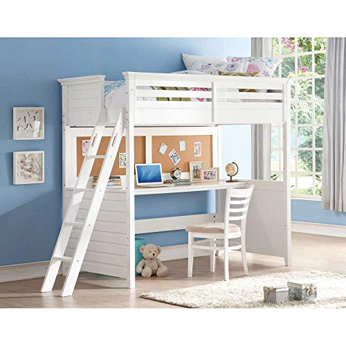 Twin Loft Bed with Desk, Cork-Board Panel, Reversible Side Ladder, Full Length Guard-Rail and 14 Slats Support, 165lbs Weight Capacity