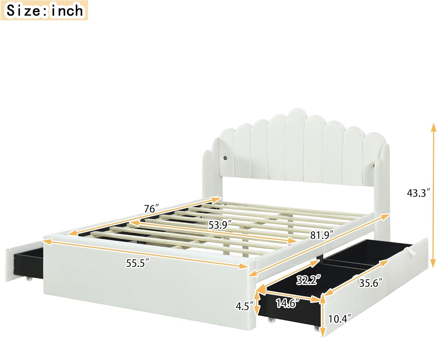 Full Size Upholstered Platform Bed with 4 Storage Drawers and 2 USB Ports, Solid Wood Full Size Bed w/Wingback Headboard and Slats Support, Modern Full Bed Frame, No Box Spring Needed, Beige