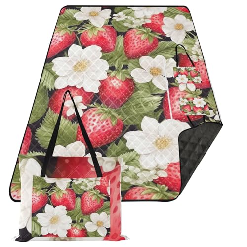 Red Fruit Cartoon Strawberry Picnic Blanket Waterproof Foldable Outdoor Beach Blankets Sandproof Picnic Mat Oversized Camping Blanket for Grass Park Hiking Travel Concerts Indoor, 60x80 in