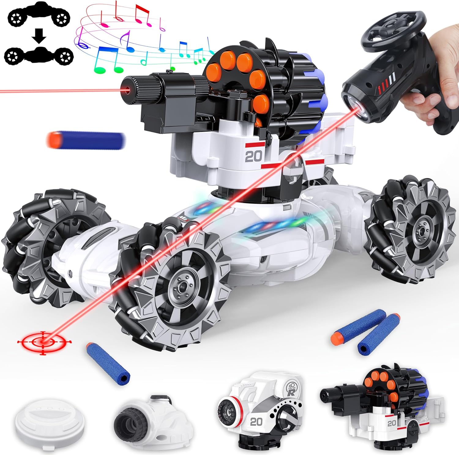 4 Head RC Tank Cars That Shoots Nerf Bullets, Bubble, Spray, Nerf Tank Remote Control Car for Boys 6 7 8 9 10 11 12 Year Old, RC Stunt Car Chase Light Control, LED Light, Music, Kids Toy Gift