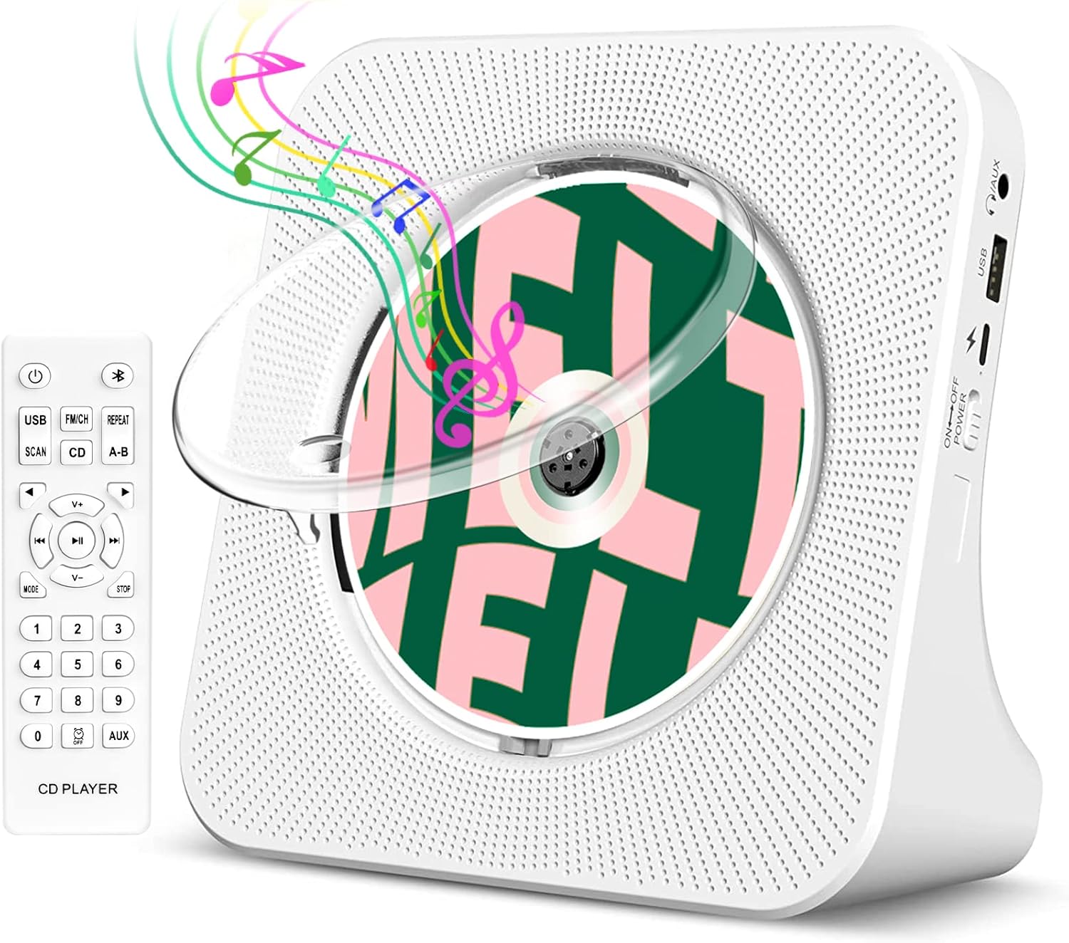 Desktop CD Player Portable with Bluetooth,Dual Stereo Speakers, CD Music Player for Home with Remote Control,Dust Cover,FM Radio,LED Screen,3.5mm Jack AUX Input Output,White,Gift