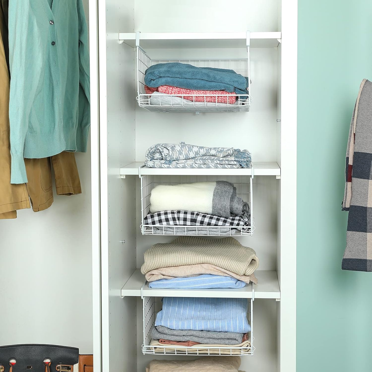 3-Tier Under Closet Shelf Basket Hanging Clothes Storage Organizer Space Saving Slides Under Shelves Stackable Cabinet Bins Foldable Metal Wire Rack with 2 hooks for Clothing Sweaters Bedroom