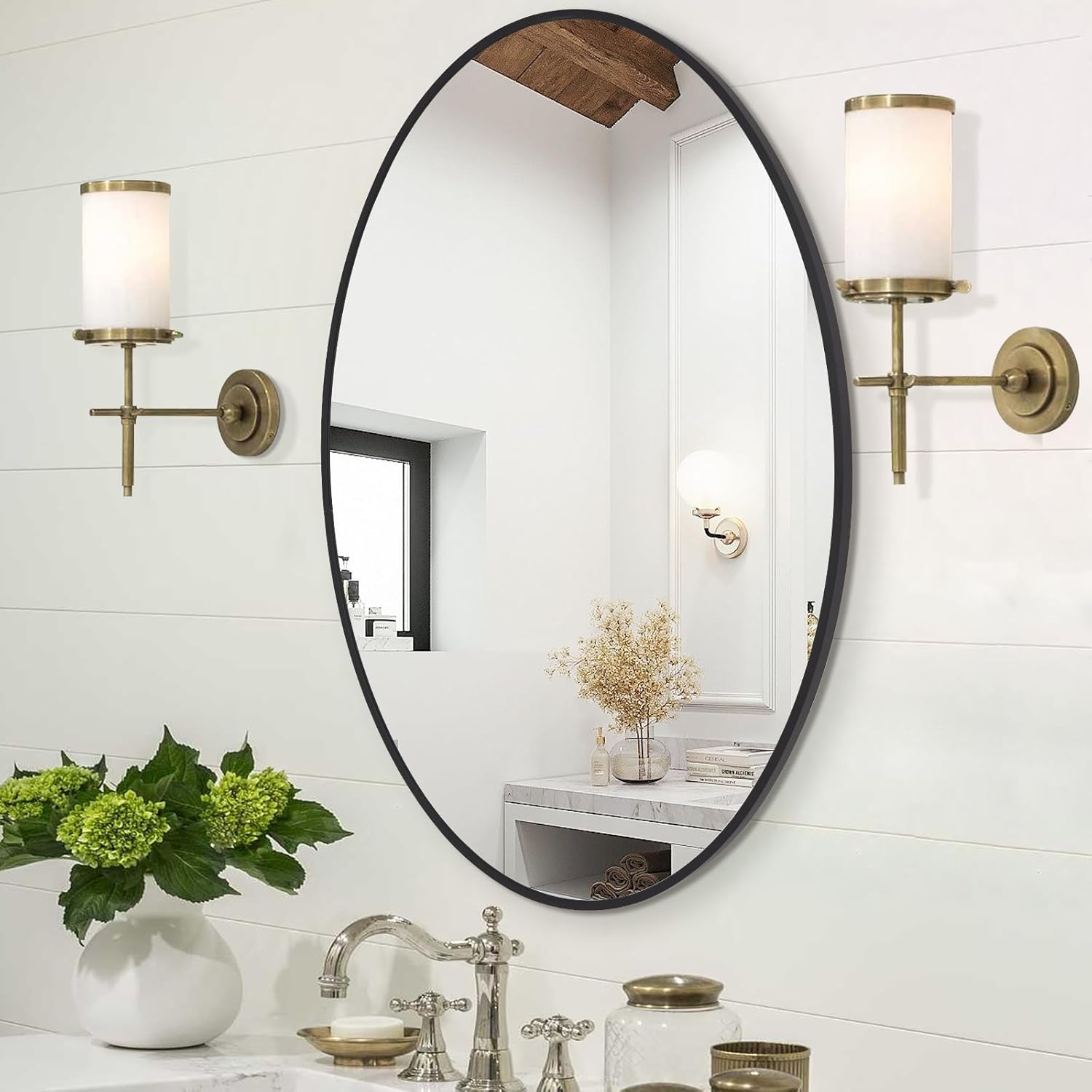 Bathroom Oval Mirror, 26x38 Black Framed Mirror, Wall-Mounted Mirrors for Bathroom Bedroom Living Room Decor Modern Hanging Mirror