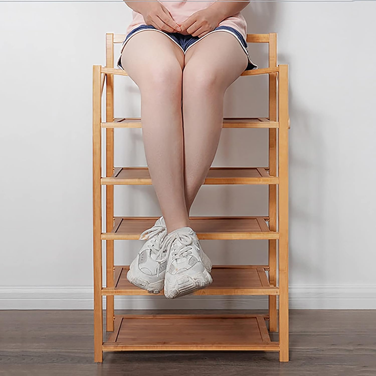 Bamboo Shoe Rack, with 3/4/5/6 Tier Sturdy Shoe Storage Cabinet, Space Saving,Convenient Small Shoe Shelf Cupboards for Hallways Outdoor Entryway Living Room Bedroom,Installation-Free, Foldable ()