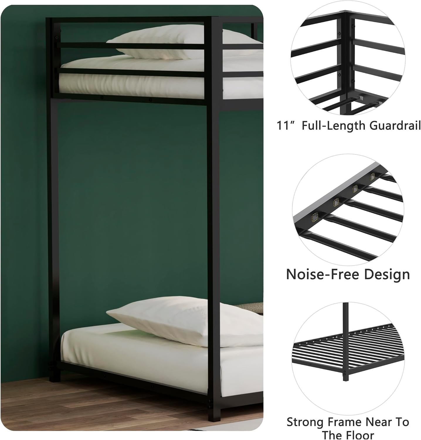 Adam Twin Over Twin Metal Bunk Bed, Sturdy Black Frame, Bedroom Furniture, Space-Saving Design, Easy Assembly, No Box Spring Needed