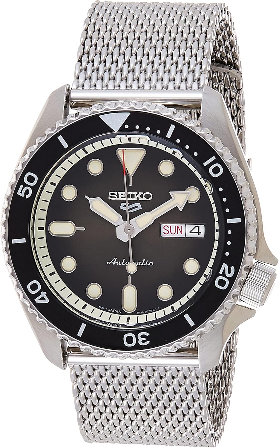 SEIKO SRPD73 Watch for Men - 5 Sports - Automatic with Manual Winding Movement, Black Dial with Black Bezel, Stainless Steel Case and Mesh Bracelet, 100m Water-Resistant, and Day/Date Display