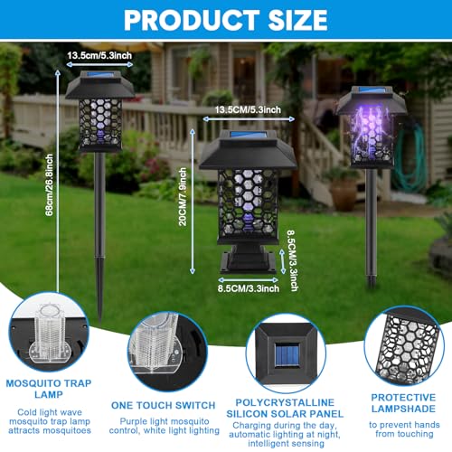 2 Pcs Solar Bug Zapper Outdoor Waterproof Mosquito Zapper Outdoor Mosquito Killer Lamp for Indoor Garden Patio Backyard Use Insect Fly Pest Mosquito Repellent, Purple and White Light