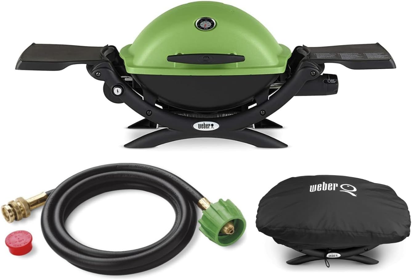 Weber Q 1200 Liquid Propane Grill (Green) Bundle with Adapter Hose and Grill Cover (3 Items)