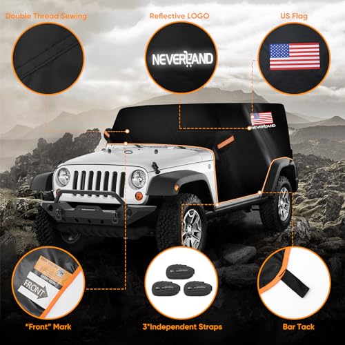 Wrangler Cab Cover for 2007-2024 Jeep Wrangler JKU JLU 4 Door,NEVERLAND Half Car Cover Waterproof Oxford with Reflective Strip,Sun Snowproof Cab Car Cover Black