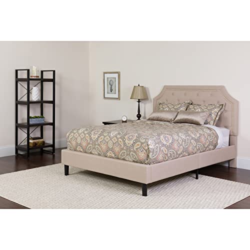 Flash Furniture Brighton Queen Size Tufted Upholstered Platform Bed in Beige Fabric with Pocket Spring Mattress